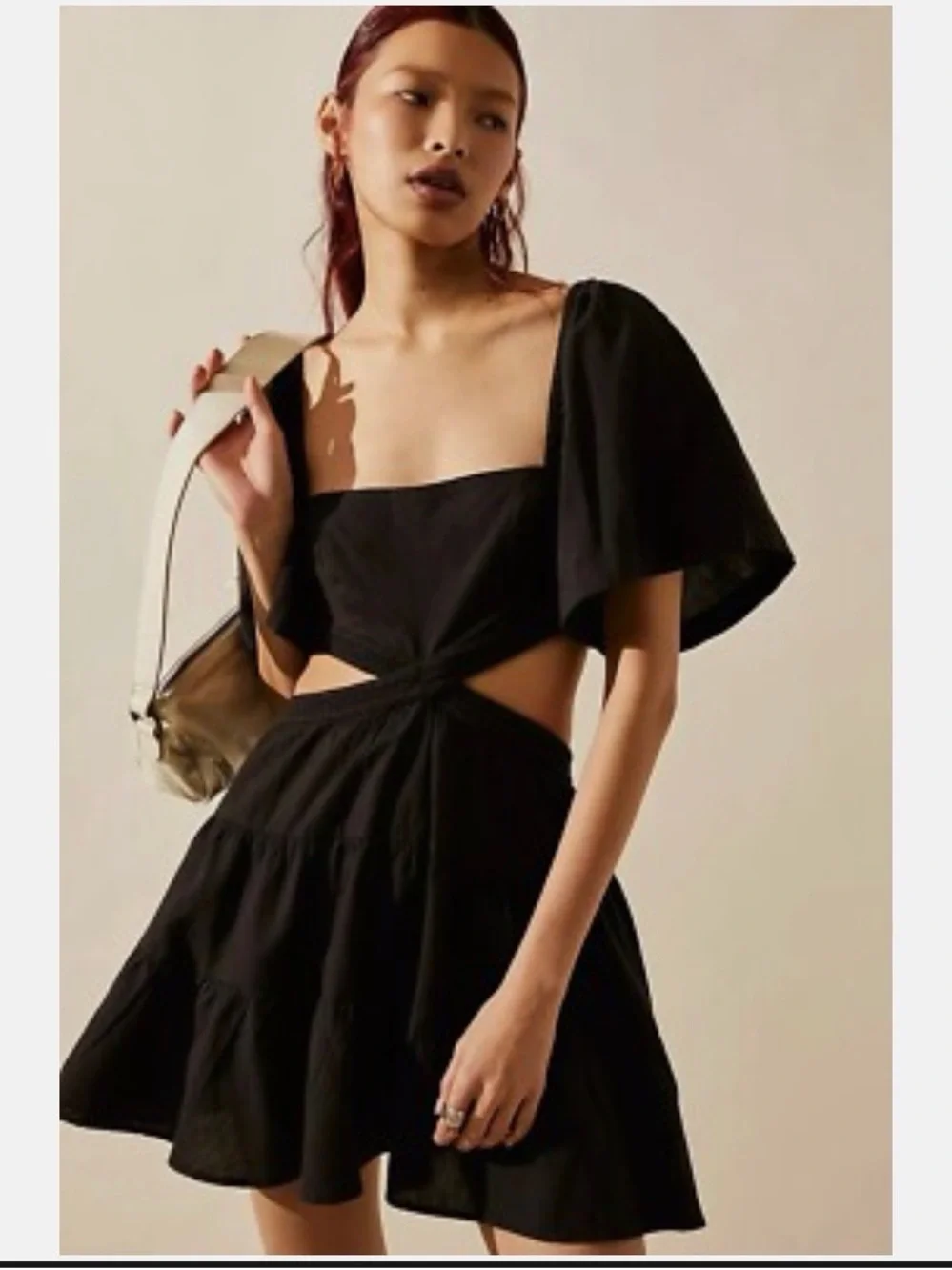 Free People Black Cutout Puff-Sleeve Mini Dress